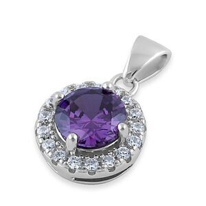 Round Amethyst Halo Necklace CZ Pendant Sterling Silver New